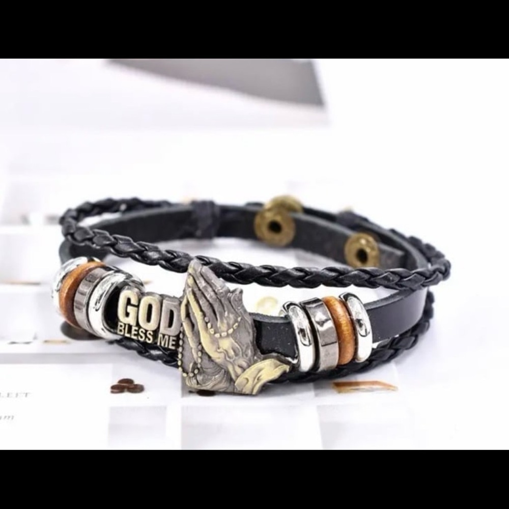 Black and Brown Braided Bracelet with Praying Hands Charm